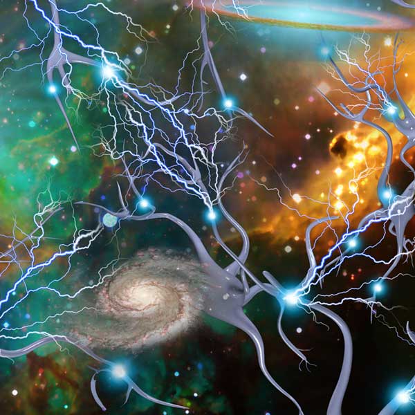 A digital illustration of neurons firing with the cosmos as the background.