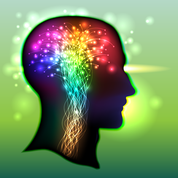 An illustrated silhouette of a person shows multicolored fibers in place of the spinal cord and colorful lights in the brain area.