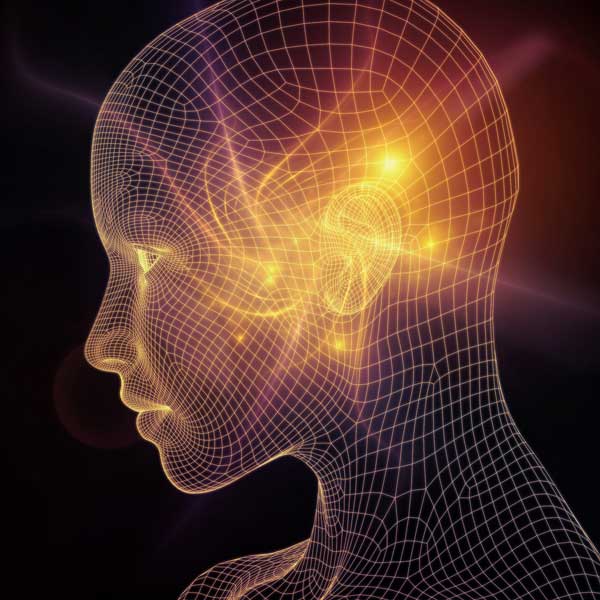 An illustration of a person's head with golden lights emanating from the central brain area.
