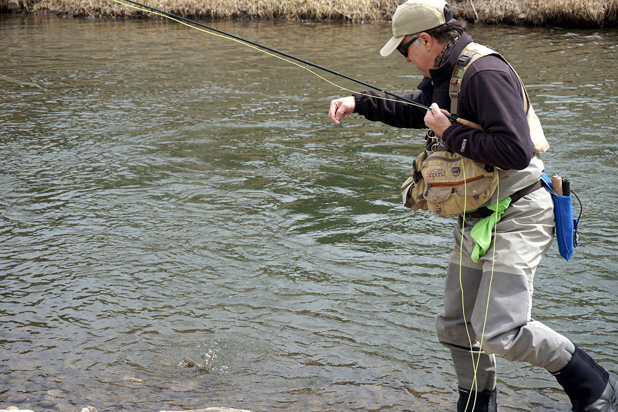 A man wearing fishing attire at a riverside pulls in a small fish